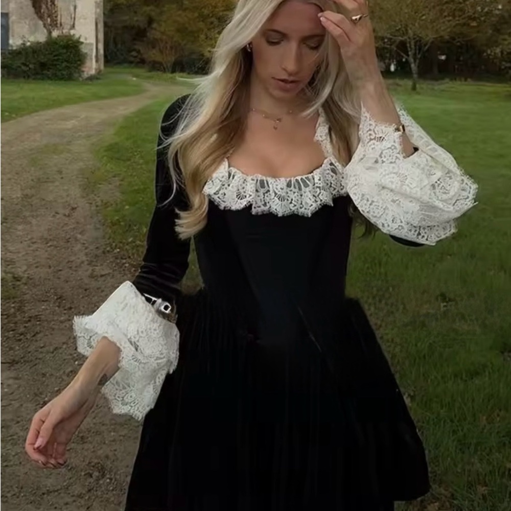 Elegant Black Velvet Dress with Lace Details